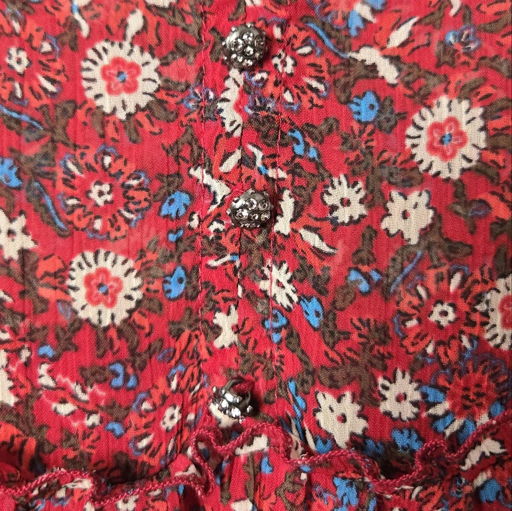 Zara Red Floral V-Neck Long Sleeve Semi Sheer Tiered Mini Babydoll Dress XL - Picture 10 of 16